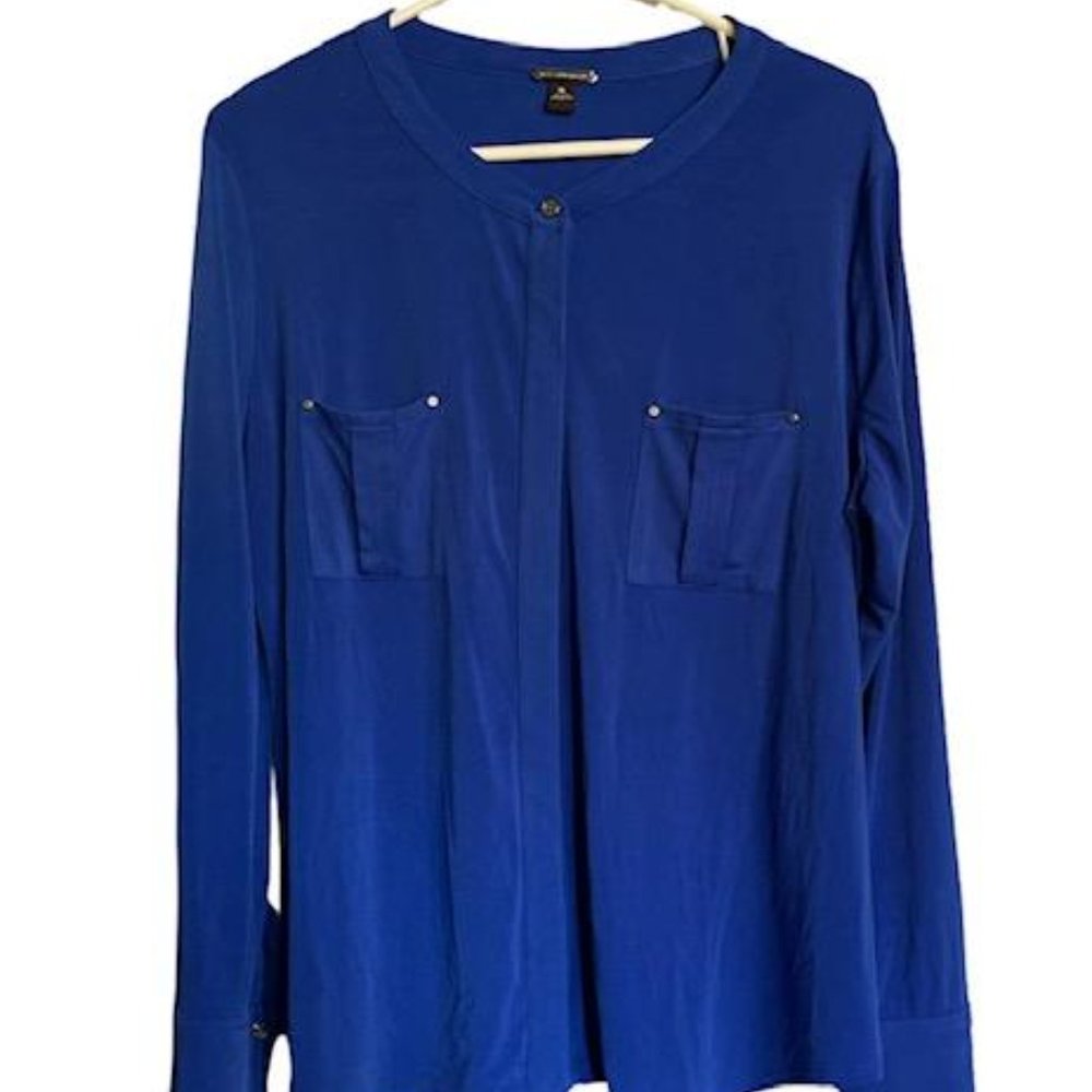 Business Casual Dana Buchman Royal Blue L/ Sleeve Chiffon Button Down Blouse XL